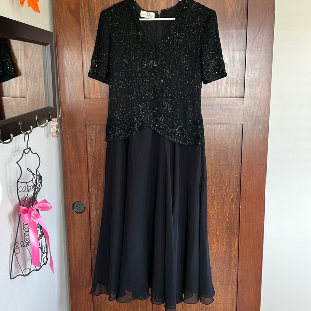 Formal black beaded bodice gown